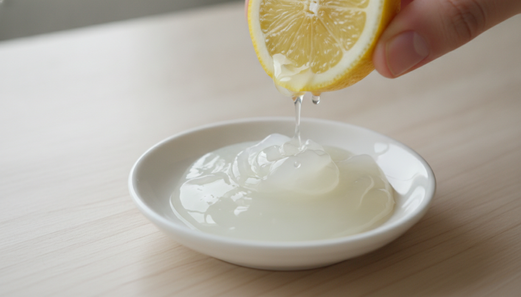 A small dish with Vaseline next to a freshly cut lemon wedge with a few drops of lemon juice being squeezed into the Vas