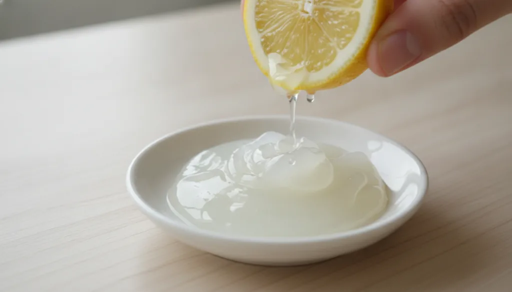 A small dish with Vaseline next to a freshly cut lemon wedge with a few drops of lemon juice being squeezed into the Vas