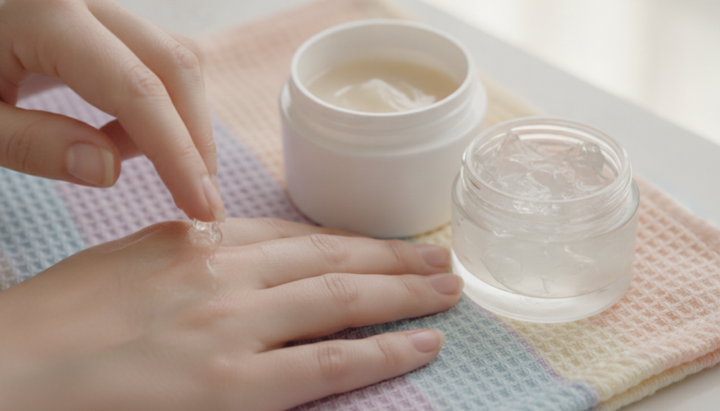 A jar of a night cream next to a jar of Vaseline with a small amount of Vaseline being gently applied to the back of a h