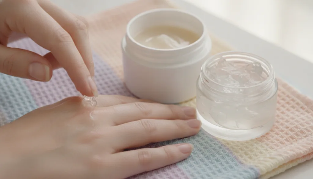 A jar of a night cream next to a jar of Vaseline with a small amount of Vaseline being gently applied to the back of a h
