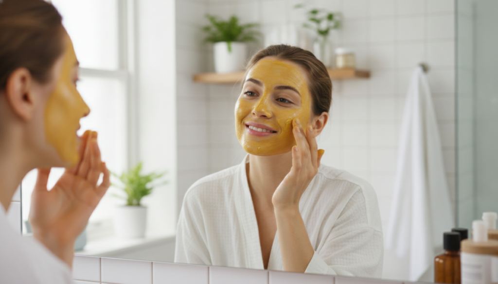 A woman gently applying a homemade face mask of turmeric and Vaseline to her cheek looking in a mirror The background is