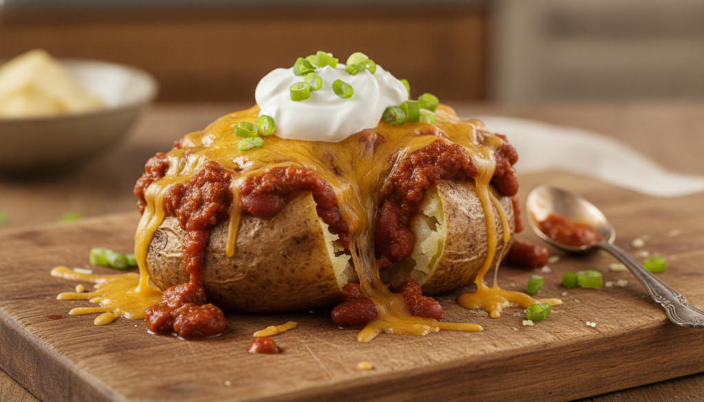 A baked potato overflowing with rich thick beef chili topped with a generous layer of melted cheddar cheese and garnishe