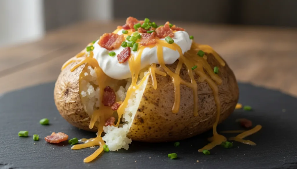 A perfectly baked potato split open loaded with sour cream crispy bacon bits shredded cheddar cheese and fresh chives