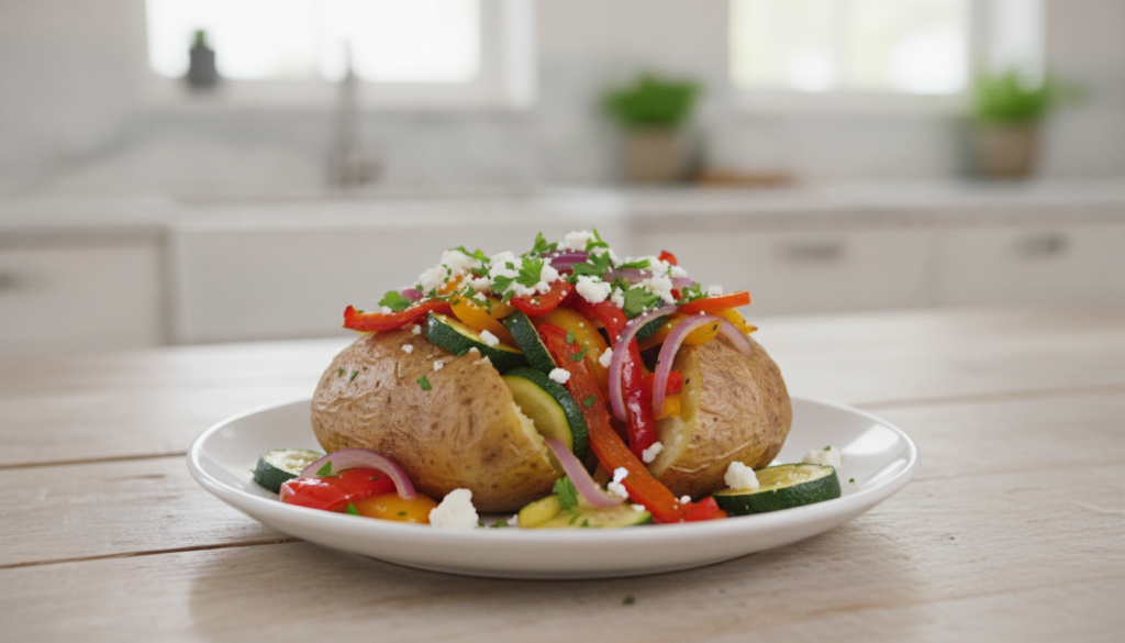 A baked potato filled with colorful roasted bell peppers red onion and zucchini topped with crumbled feta cheese and fre