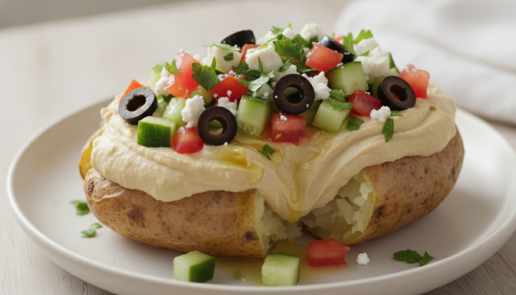A baked potato filled with creamy hummus topped with fresh chopped cucumber tomatoes sliced Kalamata olives crumbled fet