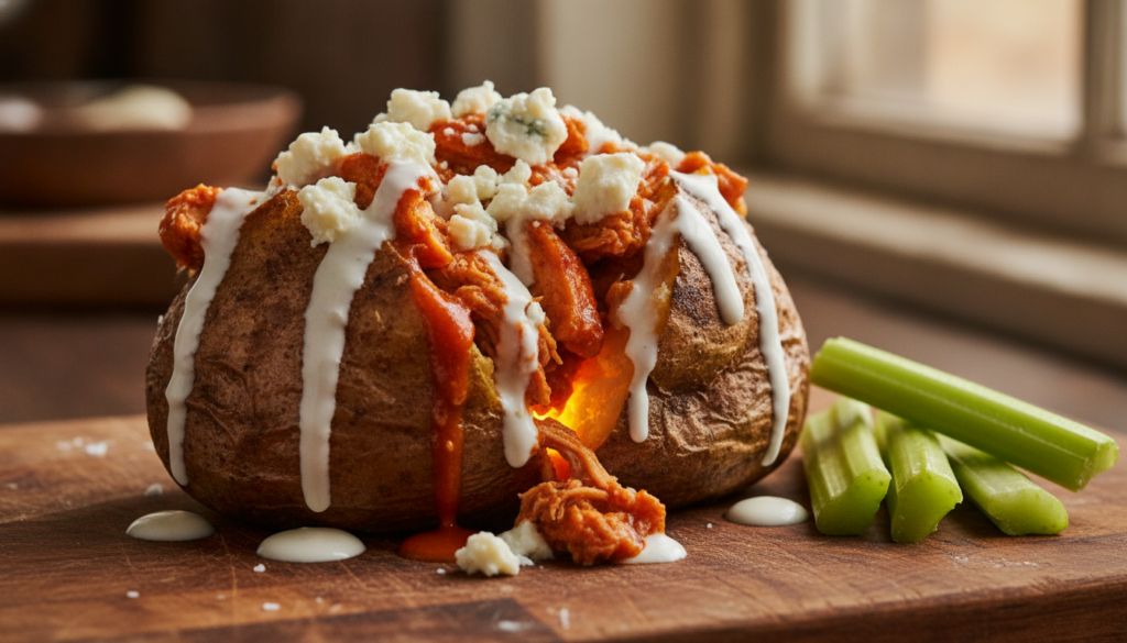 A baked potato generously filled with spicy buffalo chicken topped with blue cheese crumbles and a drizzle of ranch dres