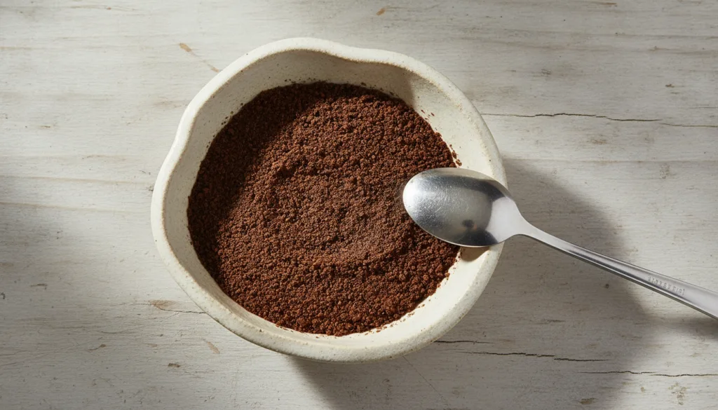 A small bowl containing coffee grounds and baby oil ready to be mixed for a face mask with a spoon beside it
