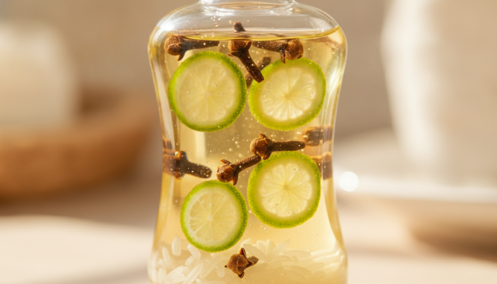 Close-up of a clear glass bottle with Johnson s baby oil cloves rice and lime slices infusing inside with warm soft ligh