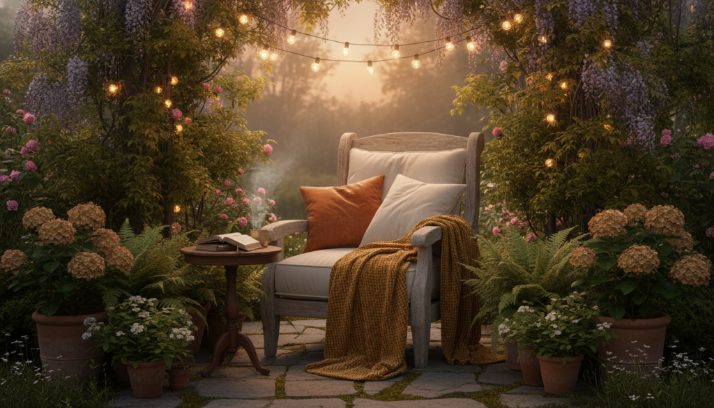 A cozy outdoor reading nook decorated with cushions a throw blanket string lights and potted plants The nook provides a 