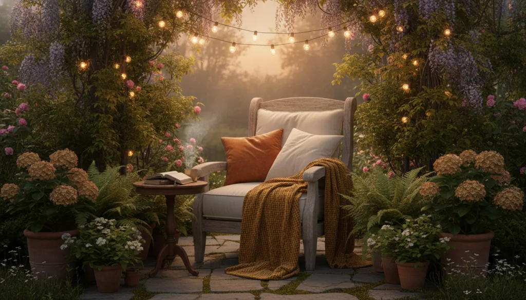 A cozy outdoor reading nook decorated with cushions a throw blanket string lights and potted plants The nook provides a