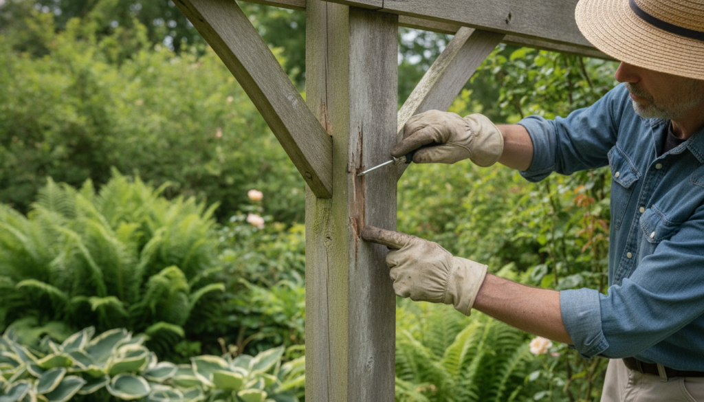 A gardener inspecting a wooden structure for wear and tear demonstrating seasonal maintenance The scene shows hand tools
