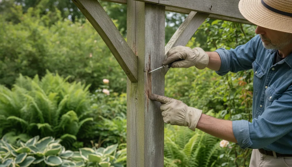 A gardener inspecting a wooden structure for wear and tear demonstrating seasonal maintenance The scene shows hand tools