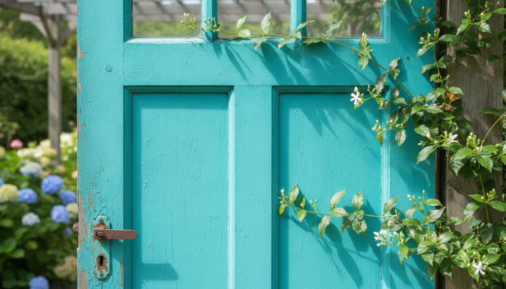 A close-up of a repurposed wooden door painted in a vibrant color integrated into a garden structure Detail shows a weat