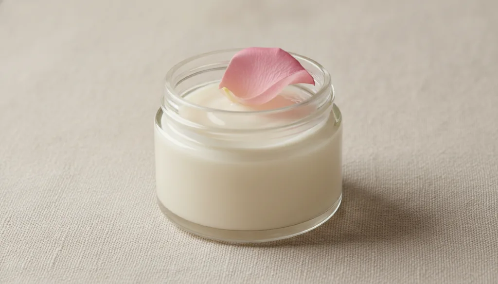 A small clean glass jar filled with the mixed Vaseline and Almond Oil blend with a delicate flower petal on top signifyi