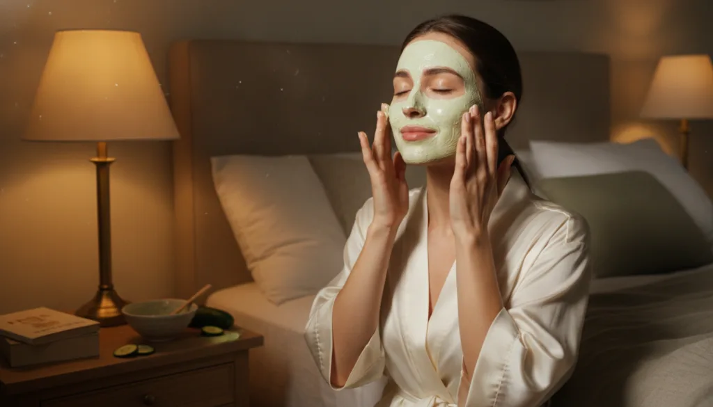 A close-up of a woman gently applying a homemade mixture to her face at night with a soft warm glow from a bedside lamp