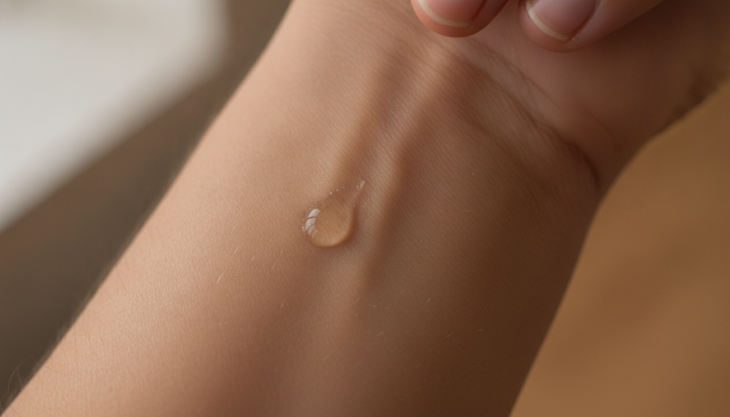 A person performing a patch test on their inner arm with a small amount of a homemade beauty product The skin is clear a
