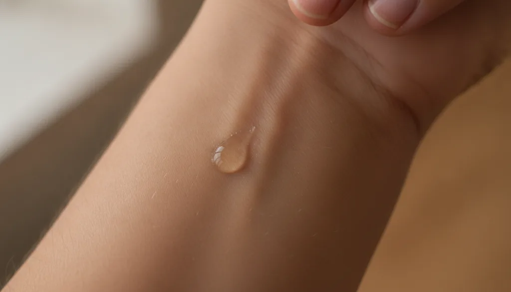 A person performing a patch test on their inner arm with a small amount of a homemade beauty product The skin is clear a