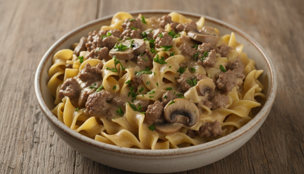 A serving of classic beef stroganoff pasta in a bowl featuring tender ground beef mushrooms and a creamy sour cream sauc
