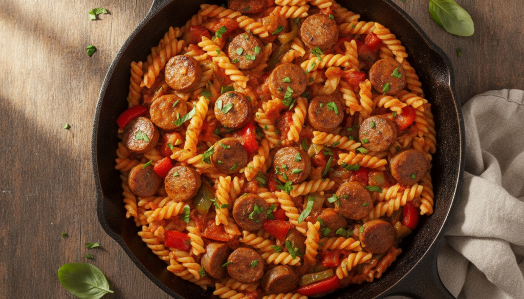 A skillet filled with cooked pasta sliced Italian sausage colorful bell peppers and a rich tomato sauce ready to serve