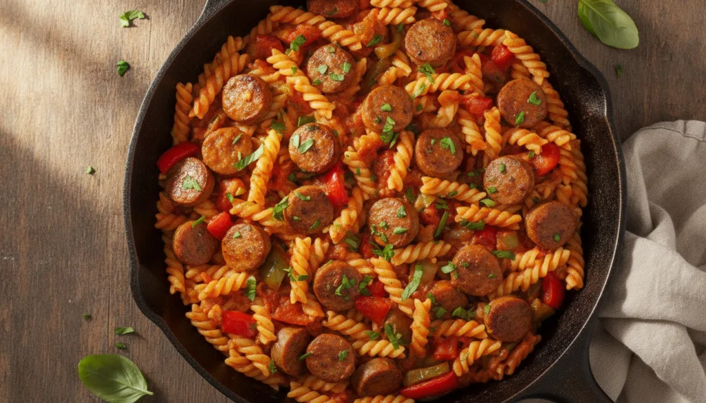 A skillet filled with cooked pasta sliced Italian sausage colorful bell peppers and a rich tomato sauce ready to serve