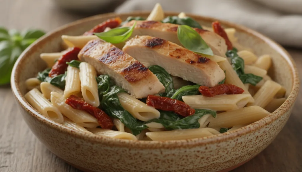 A bowl of creamy Tuscan chicken pasta with penne sun-dried tomatoes spinach and grilled chicken slices garnished with fr