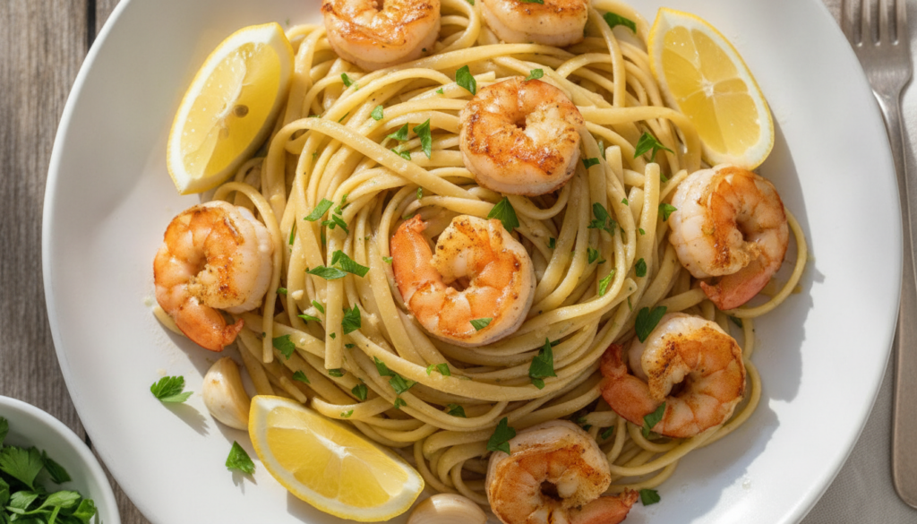 A plate of lemon garlic shrimp linguine with succulent shrimp pasta fresh parsley and lemon wedges light and bright
