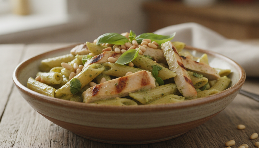 A bowl of creamy pesto chicken pasta with penne grilled chicken pieces and a vibrant green pesto sauce garnished with pi