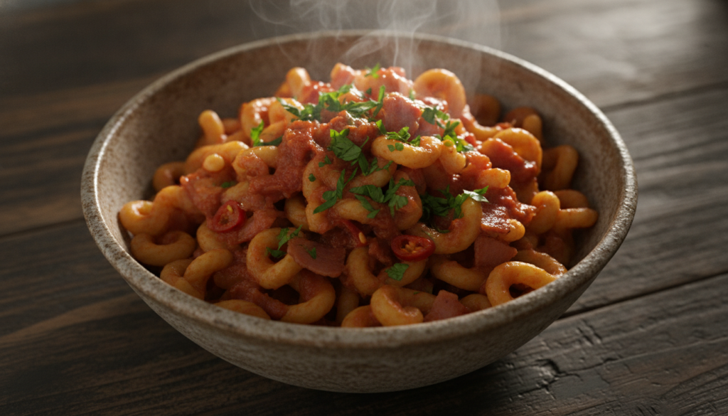 A rustic bowl of spicy Calabrian chili pasta with crispy pancetta a rich tomato sauce and fresh parsley steaming hot