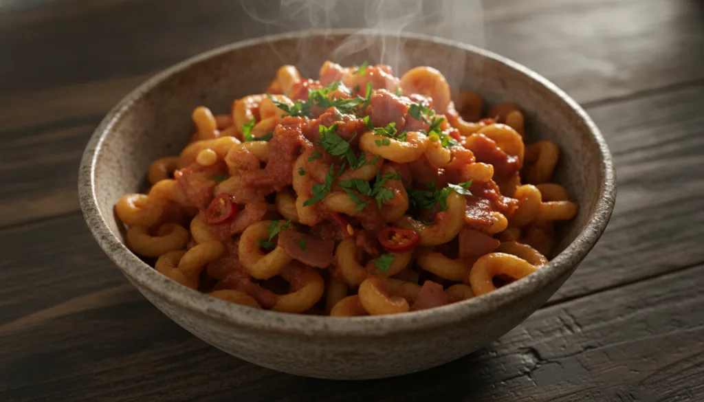 A rustic bowl of spicy Calabrian chili pasta with crispy pancetta a rich tomato sauce and fresh parsley steaming hot