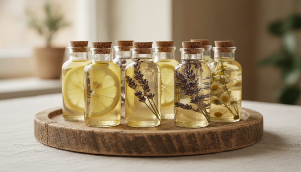 Small glass bottles of homemade infused baby oils with visible ingredients like lemon slices and dried herbs against a s