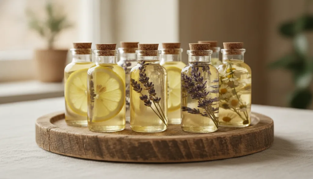 Small glass bottles of homemade infused baby oils with visible ingredients like lemon slices and dried herbs against a s