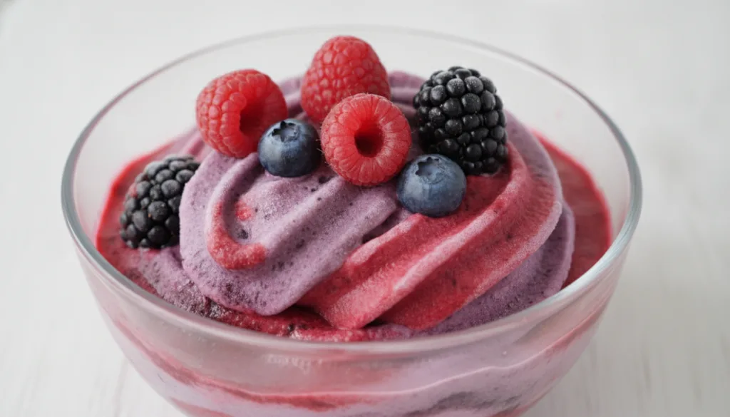 A vibrant bowl of berry swirl frozen yogurt with streaks of red and purple garnished with fresh berries