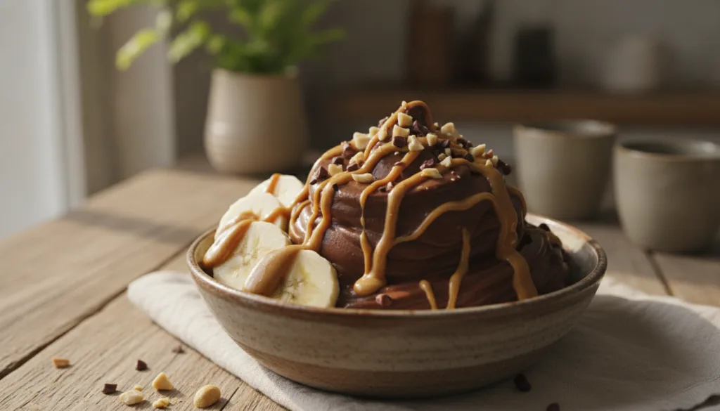 A rich dark chocolate peanut butter banana nice cream in a bowl drizzled with peanut butter and topped with banana slice