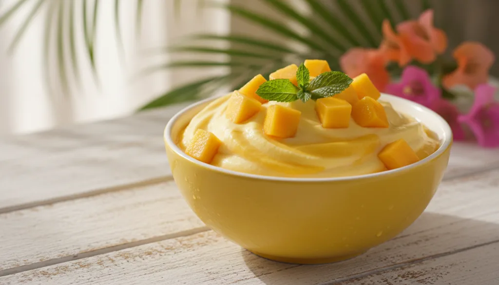 A bright yellow bowl of tropical mango frozen yogurt garnished with fresh mango cubes and a mint leaf