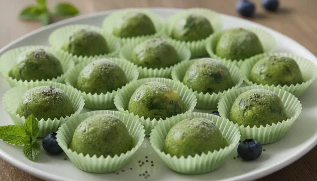 Small vibrant green frozen smoothie bites in mini muffin liners on a plate looking fresh and healthy
