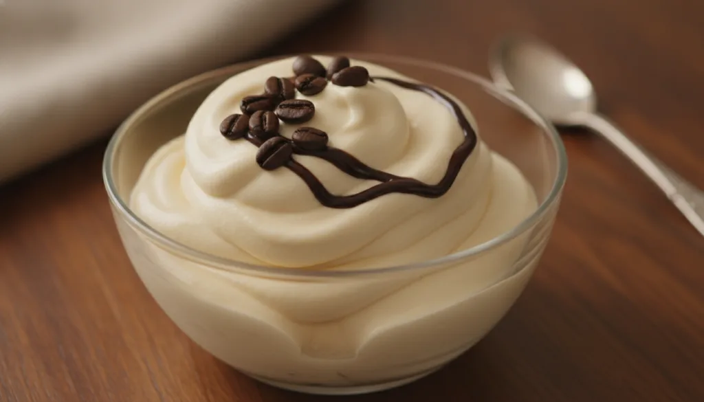 A sophisticated bowl of coffee frozen yogurt garnished with a few coffee beans or a drizzle of chocolate syrup
