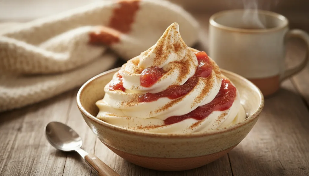 A cozy bowl of cinnamon apple swirl frozen yogurt with visible swirls of apple and a sprinkle of cinnamon