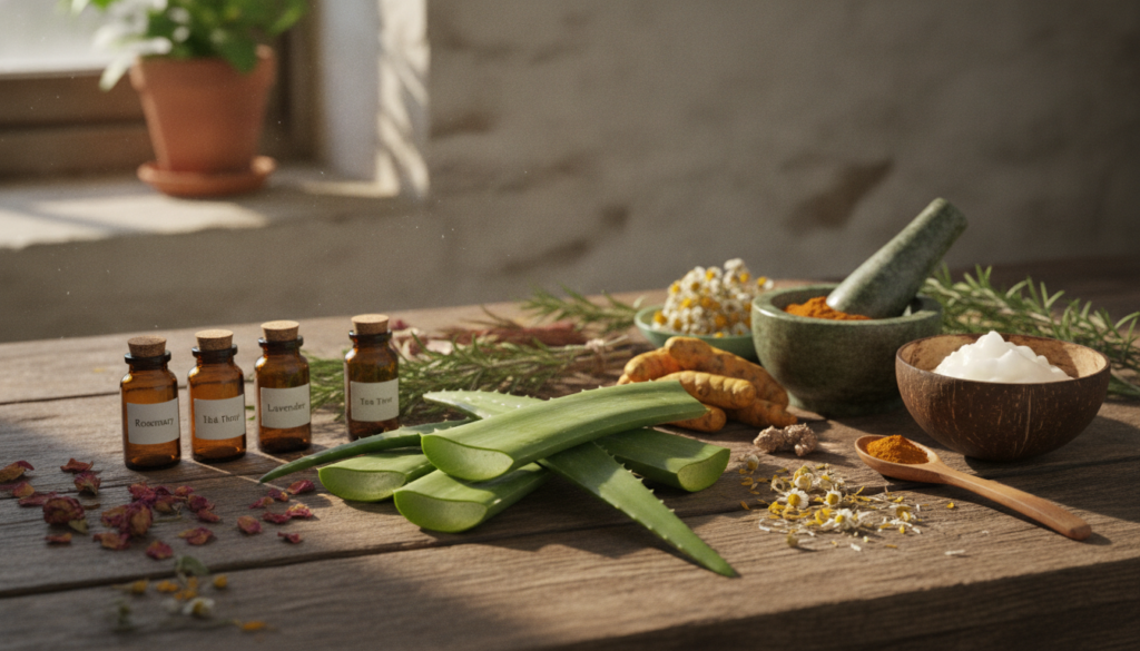 Various natural ingredients like aloe vera turmeric and essential oils laid out on a rustic wooden table ready for DIY b
