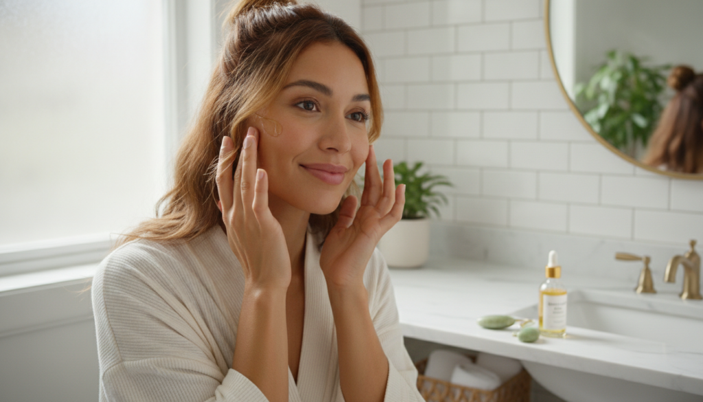 A woman applying a homemade oil blend to her face with glowing healthy skin visible in a natural bright setting