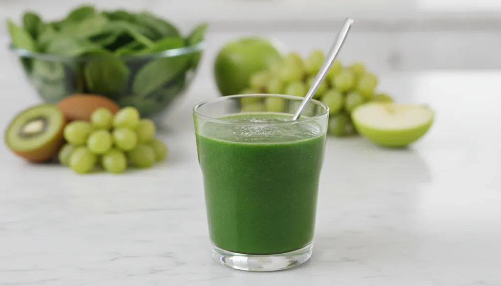 A glass of vibrant green smoothie with a spoon in it indicating a daily beauty powder mix with fresh ingredients like sp