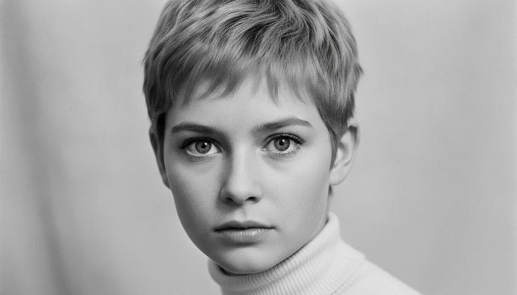 A black and white close-up photo of actress Mia Farrow looking directly at the camera with her signature pixie cut and d