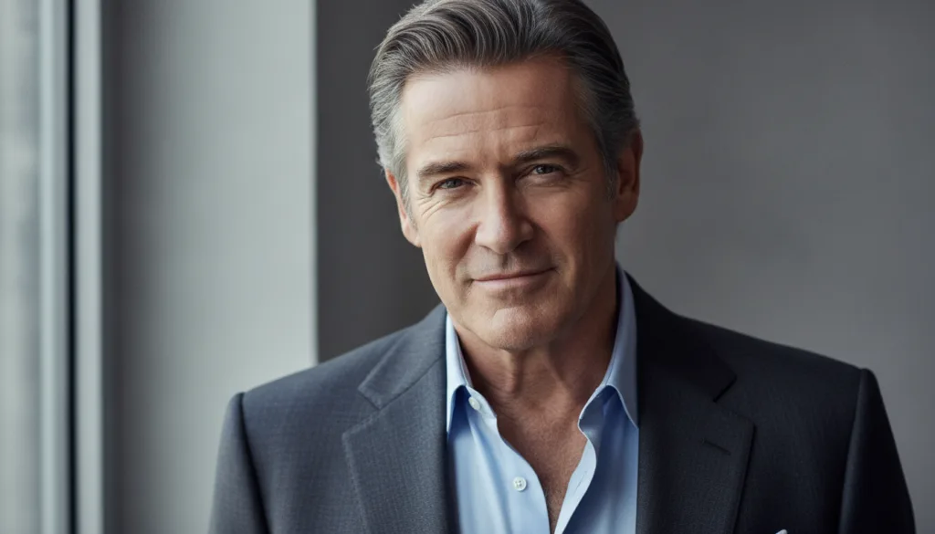 A multiple-choice quiz image showing a headshot of a mature dark-haired blue-eyed man with a suave expression smiling su