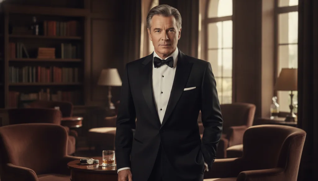 Pierce Brosnan looking elegant perhaps in a tuxedo with a classic confident pose possibly from his James Bond era