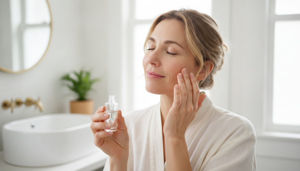 A woman in her 40s gently applying a small amount of the Vaseline and baby oil mixture to her clean face massaging it in