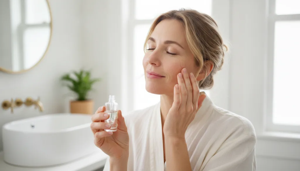 A woman in her 40s gently applying a small amount of the Vaseline and baby oil mixture to her clean face massaging it in