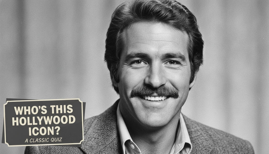 A black and white headshot of a charismatic man with a mustache styled as a multiple-choice quiz question Who s This Hol