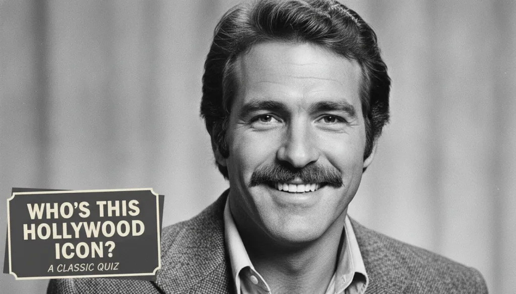 A black and white headshot of a charismatic man with a mustache styled as a multiple-choice quiz question Who s This Hol