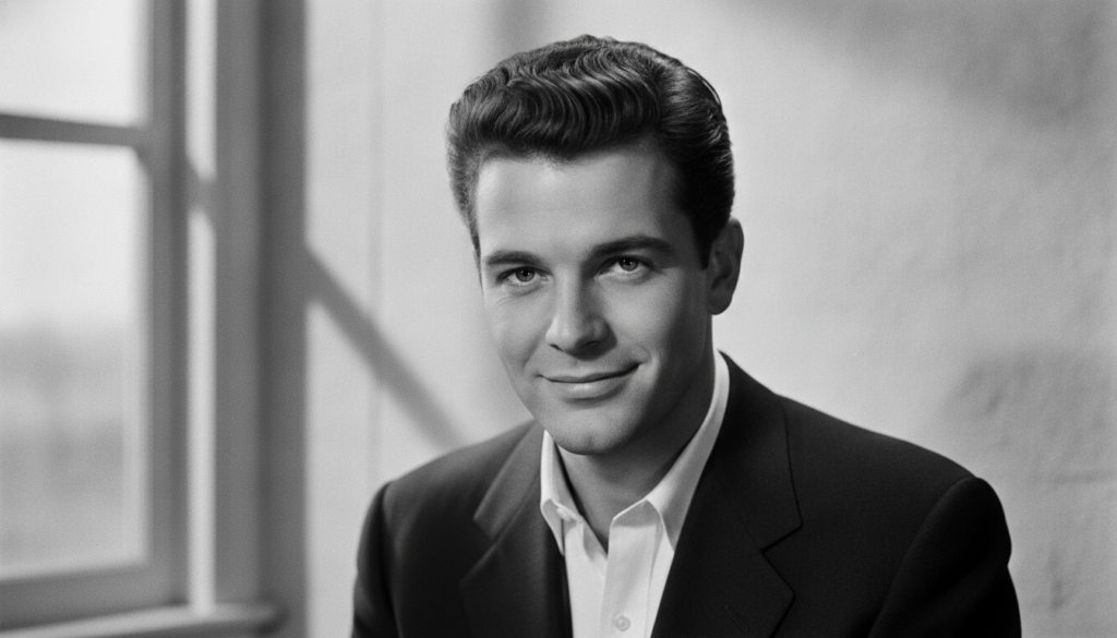 Black and white portrait of a classic Hollywood actor resembling Tony Curtis looking directly at the camera with a confi