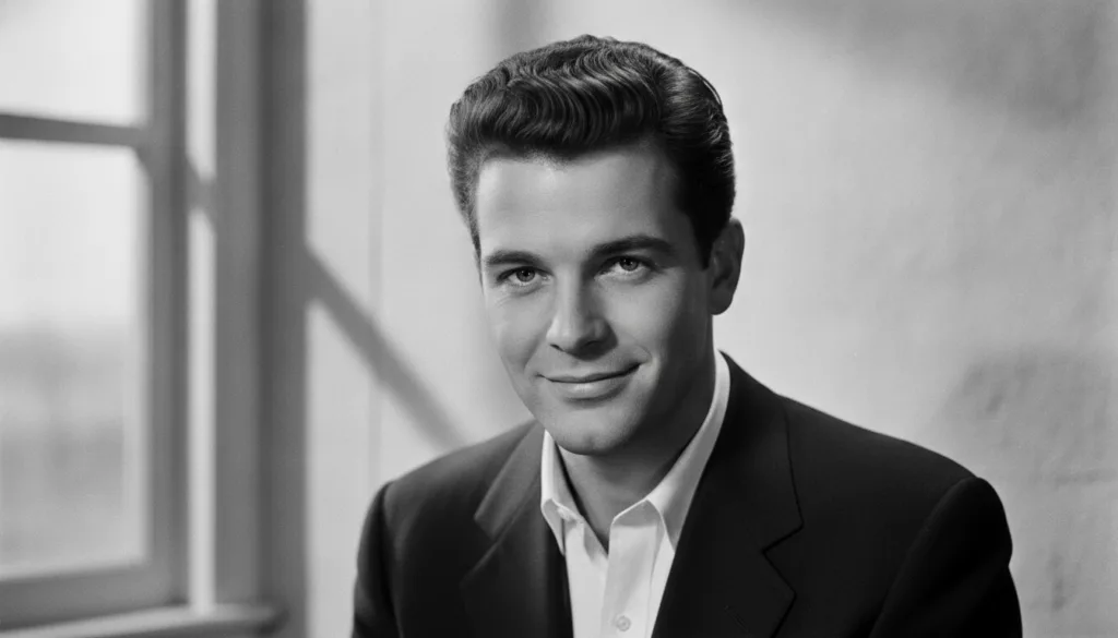 Black and white portrait of a classic Hollywood actor resembling Tony Curtis looking directly at the camera with a confi