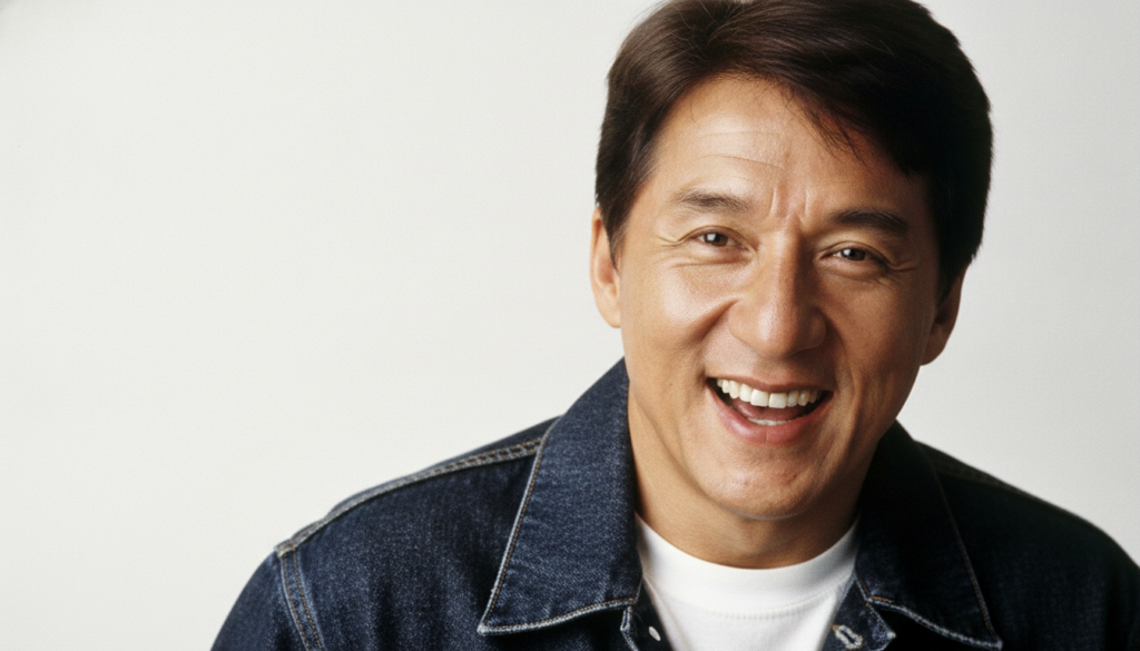 A close-up portrait of a smiling Jackie Chan as if from a quiz image